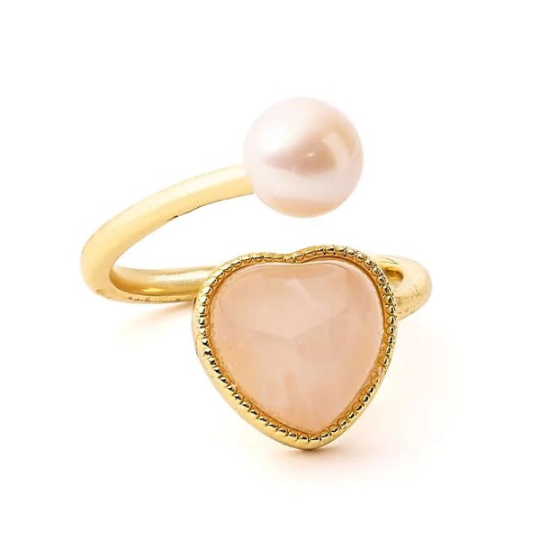 Verstellbarer Ring mit Perle und Rosenquarz-Herz -- ±2 cm