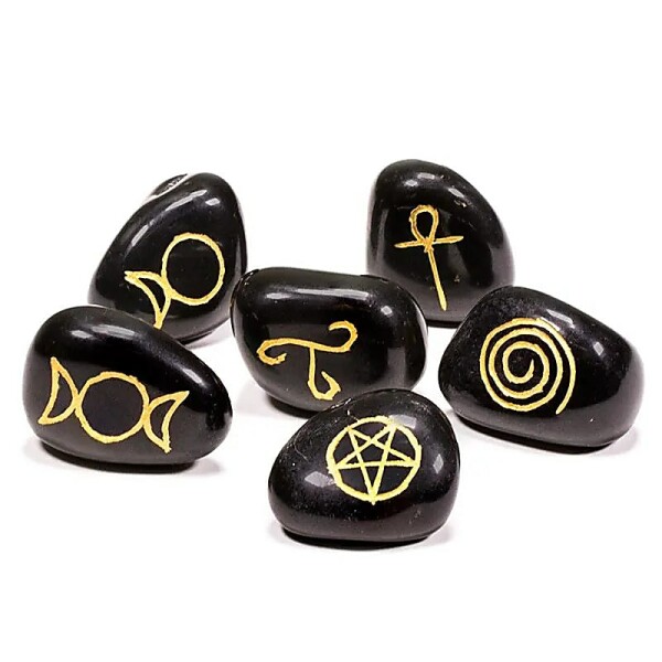 Wicca Symbolsteine schwarzer Achat SET 6 x -- 3.3x2.3 cm