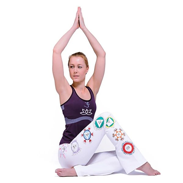 Yogahose Chakra handbemalt Baumwolle weiss M --162g